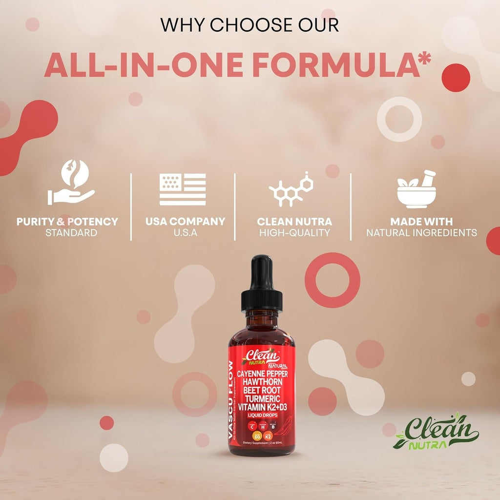 Cayenne Pepper Supplement Liquid Drops + Hawthorn Berry, Vitamin D3 K2 Beet Root Powder, Ceylon Cinnamon, Turmeric Curcumin, Organic Panax Ginseng, Berberine Extract VIT D K by Clean Nutra -