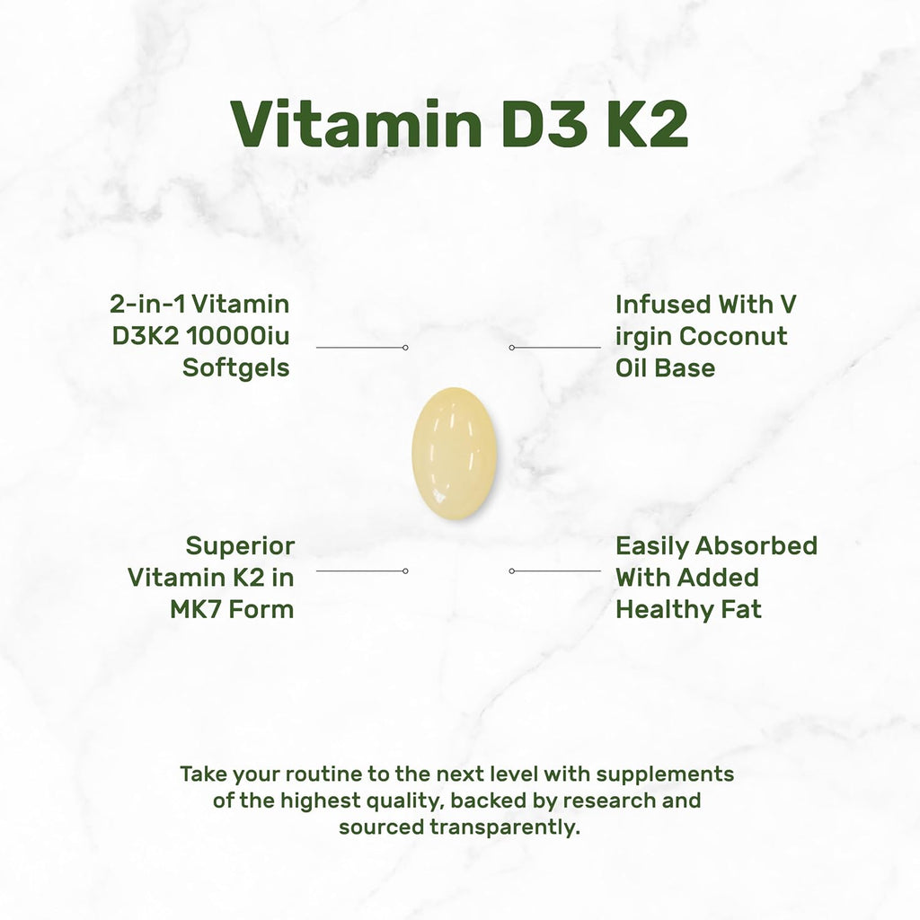 DEAL SUPPLEMENT Vitamin D3 10,000 IU + K2 MK7 200mcg Softgels, 250 Count | 2-in-1 Complex with Virgin Coconut Oil | Supports Heart, Bone, Teeth & Immune Health* | Easy to Swallow-Shop