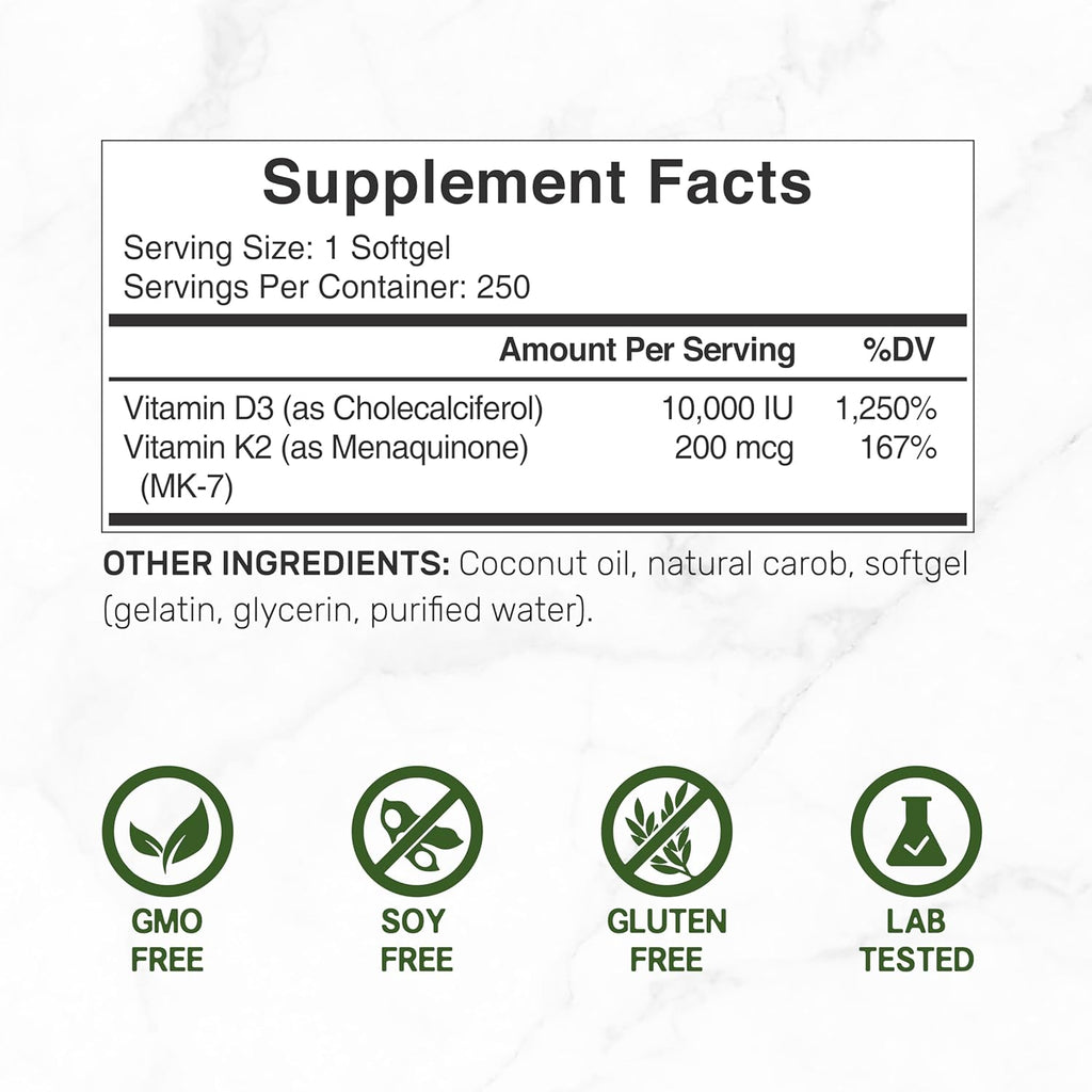 DEAL SUPPLEMENT Vitamin D3 10,000 IU + K2 MK7 200mcg Softgels, 250 Count | 2-in-1 Complex with Virgin Coconut Oil | Supports Heart, Bone, Teeth & Immune Health* | Easy to Swallow-Shop