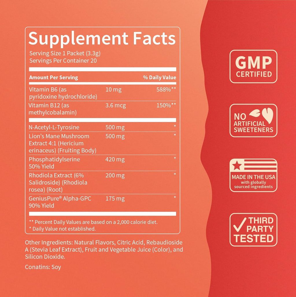 Drink Mix – Fruit Punch Flavor – Alpha GPC, Lion’s Mane, Rhodiola & N-Acetyl L-Tyrosine – Sugar-Free, On-The-Go Packets – 20 Servings-Shop