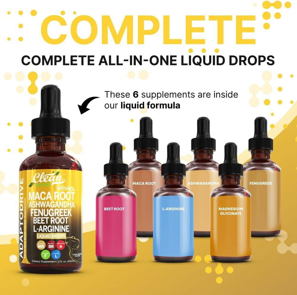 Clean Nutra Organic Maca Root Liquid Drops with Ashwagandha, Fenugreek, Beet Root and L-Arginine Liquid Multivitamin for Women and Men - Adapto Drive