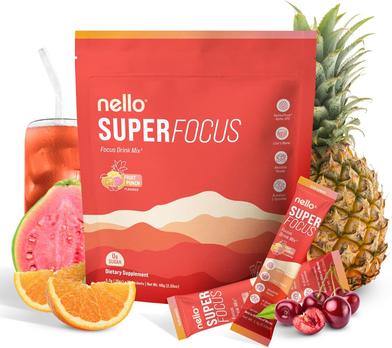 Drink Mix – Fruit Punch Flavor – Alpha GPC, Lion’s Mane, Rhodiola & N-Acetyl L-Tyrosine – Sugar-Free, On-The-Go Packets – 20 Servings-Shop