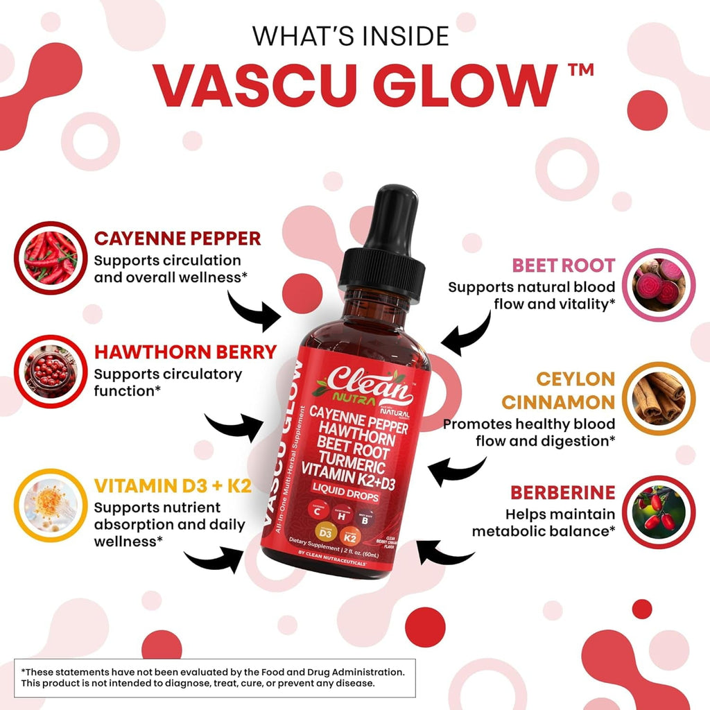 Cayenne Pepper Supplement Liquid Drops + Hawthorn Berry, Vitamin D3 K2 Beet Root Powder, Ceylon Cinnamon, Turmeric Curcumin, Organic Panax Ginseng, Berberine Extract VIT D K by Clean Nutra -