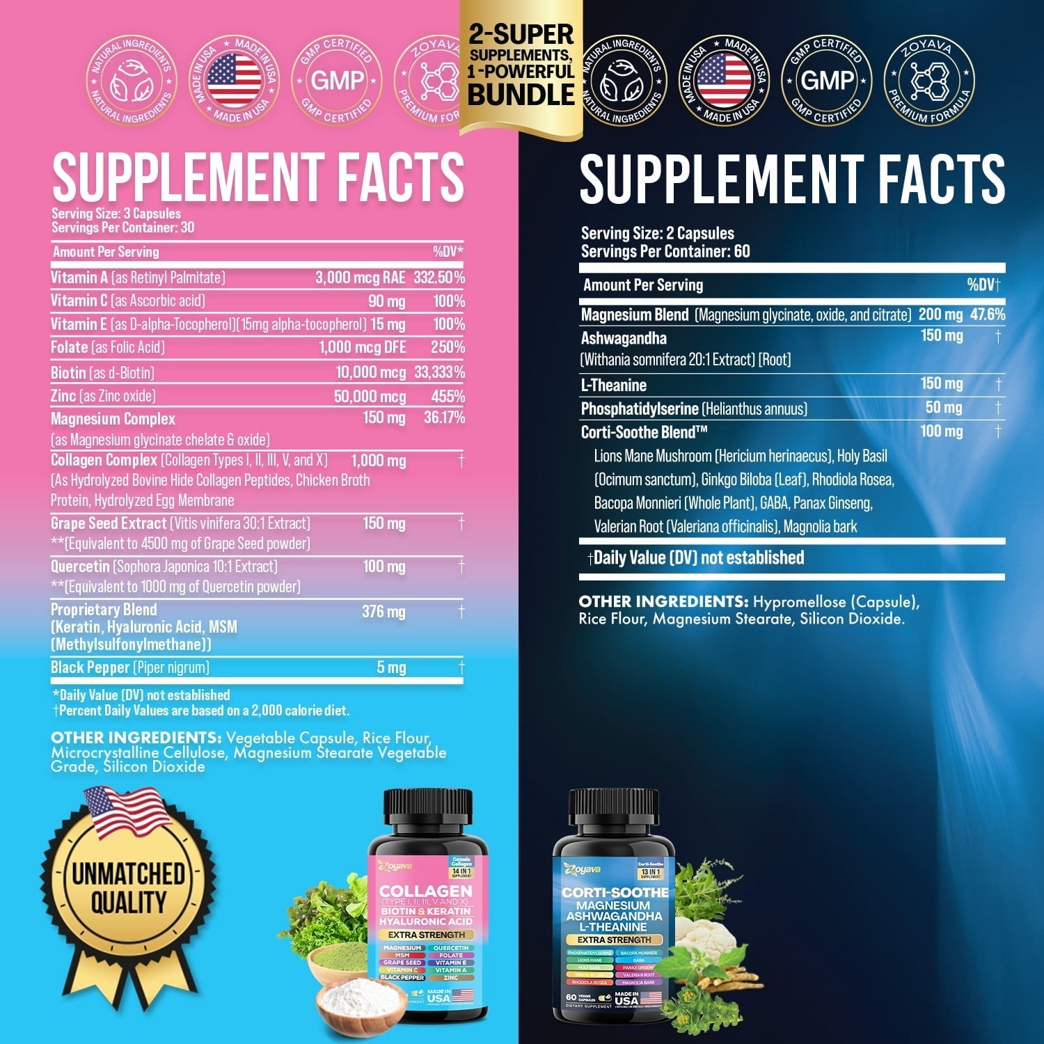 Zoyava Shining Serenity Set - Cortisol Support with Ashwagandha, L-Theanine, Magnesium, Lions Mane, Holy Basil & Collagen Type I, II, III, V, X with Biotin, Hyaluronic Acid, Keratin, and Folate-Shop