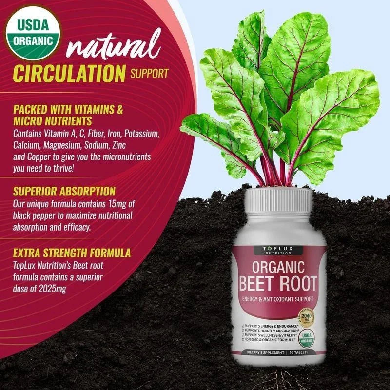 '-TopLux Organic Beet Root 2040mg –90Tablets – Energy, Circulation & Antioxidant-